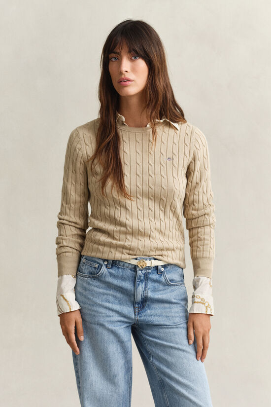 Pull col rond en maille de coton stretch &agrave; torsades