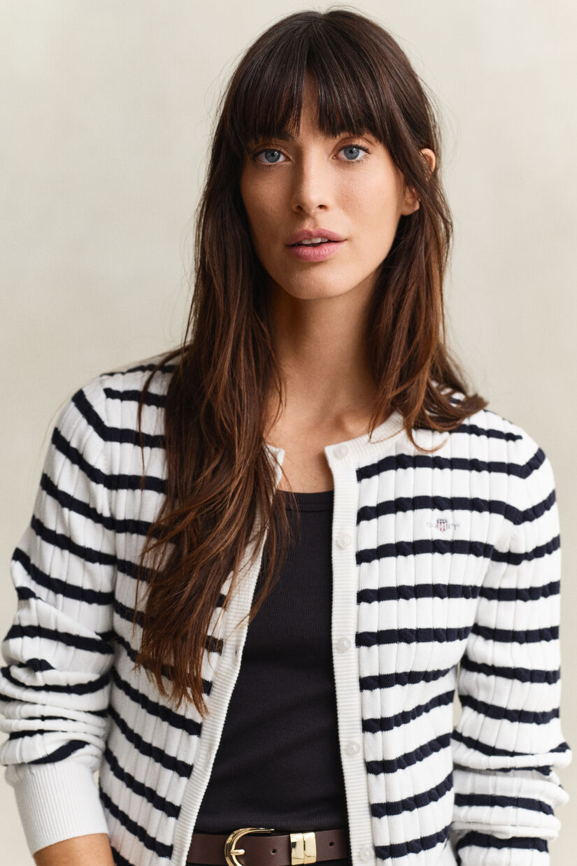 Cardigan en maille torsad&eacute;e &agrave; rayures
