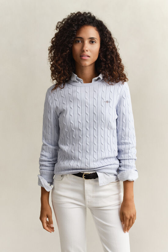 Pull col rond en maille de coton stretch &agrave; torsades
