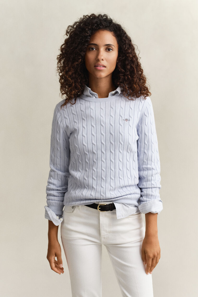 Pull col rond en maille de coton stretch &agrave; torsades