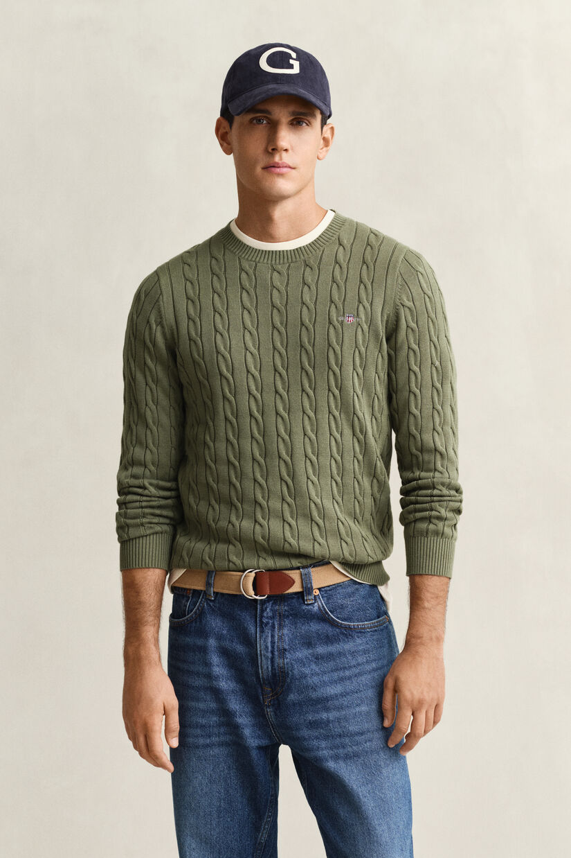 Pull col rond en maille de coton torsad&eacute;e