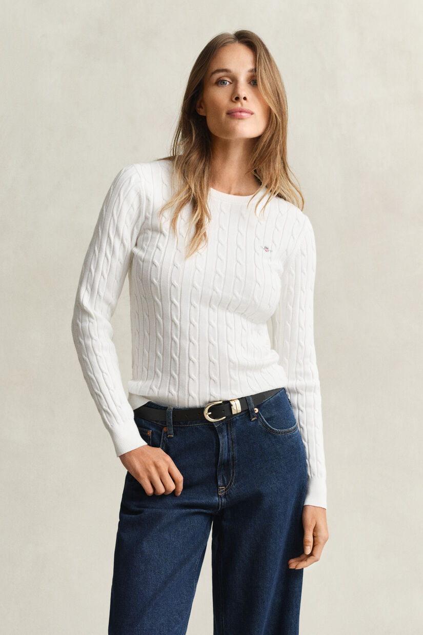 Pull col rond en maille de coton stretch &agrave; torsades