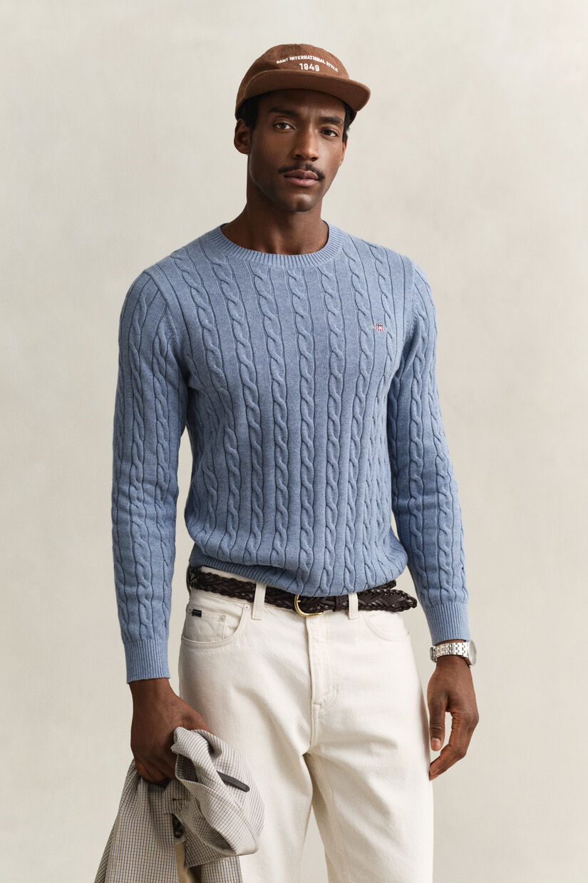 Pull col rond en maille de coton torsad&eacute;e