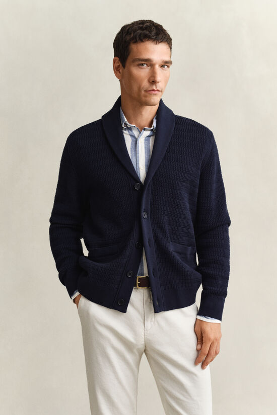Cardigan &agrave; col ch&acirc;le en maille torsad&eacute;e
