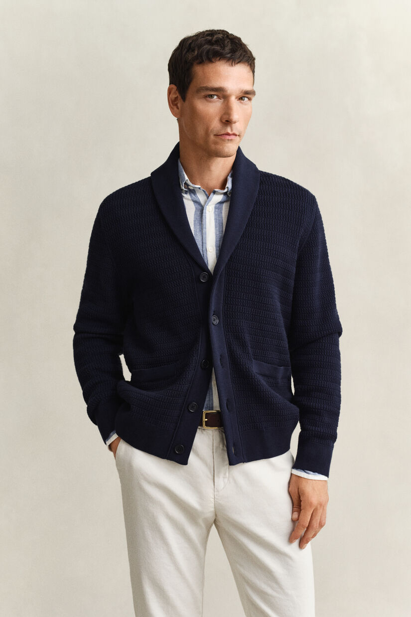 Cardigan &agrave; col ch&acirc;le en maille torsad&eacute;e