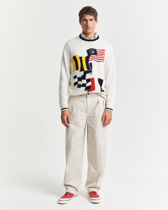 Pantalon chino relaxed fit en serg&eacute; de coton pliss&eacute;