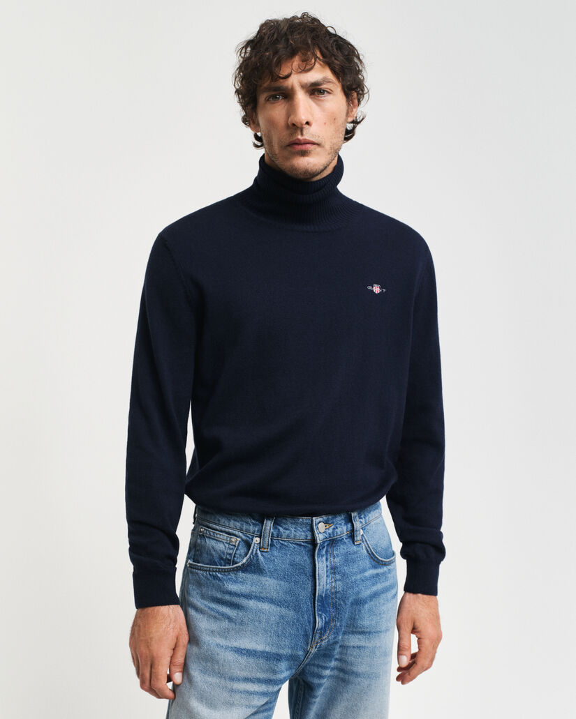 Pull col roul&eacute; en coton et laine