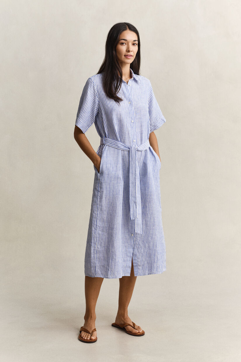 Robe-chemise en lin &agrave; rayures