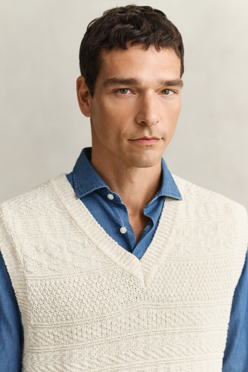 Pull sans manches en coton m&eacute;lang&eacute; textur&eacute;