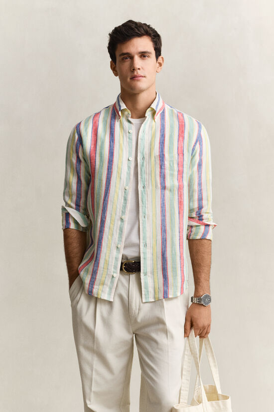 Chemise en lin &agrave; rayures multicolores