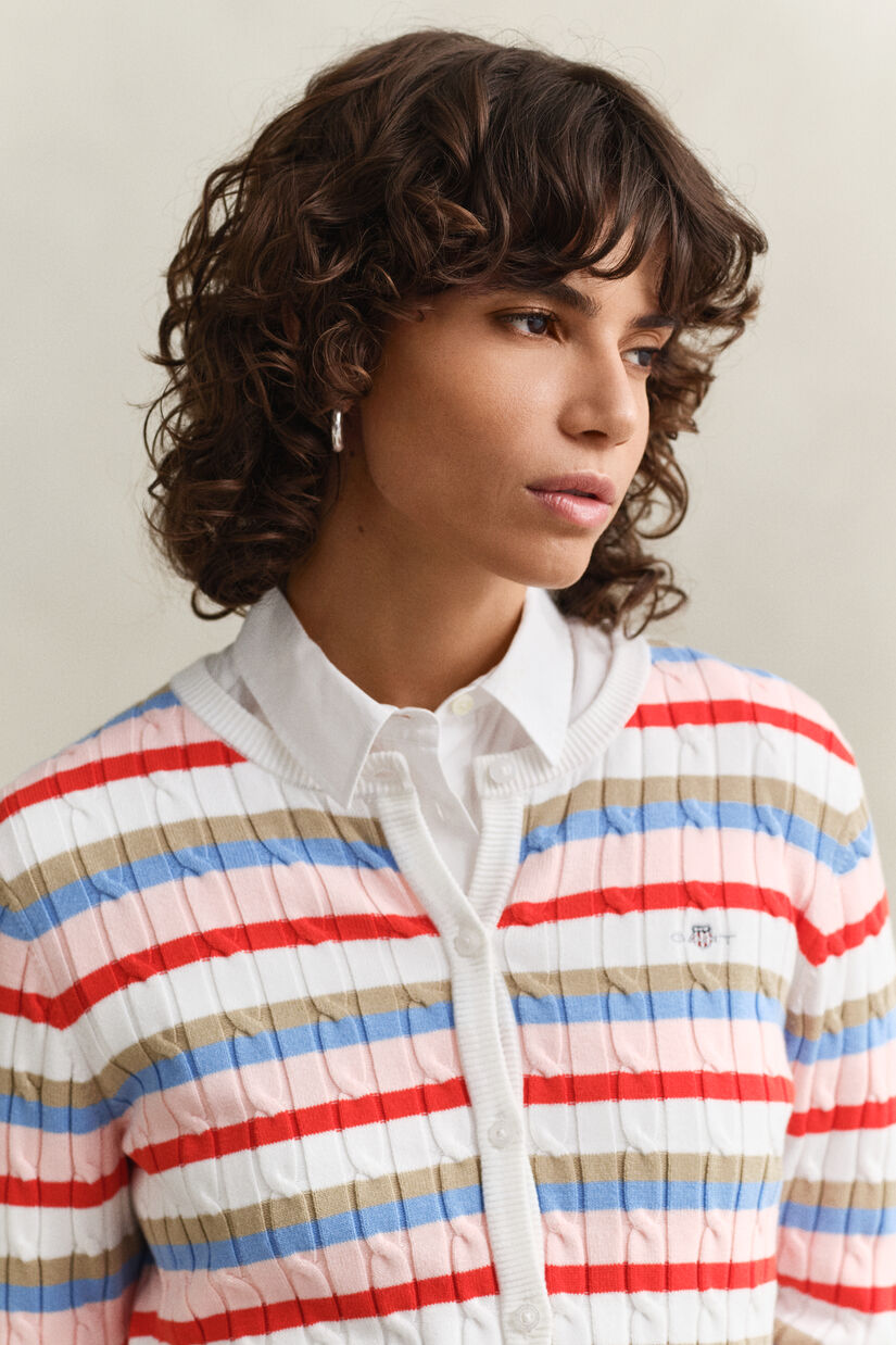 Cardigan en maille torsad&eacute;e &agrave; rayures