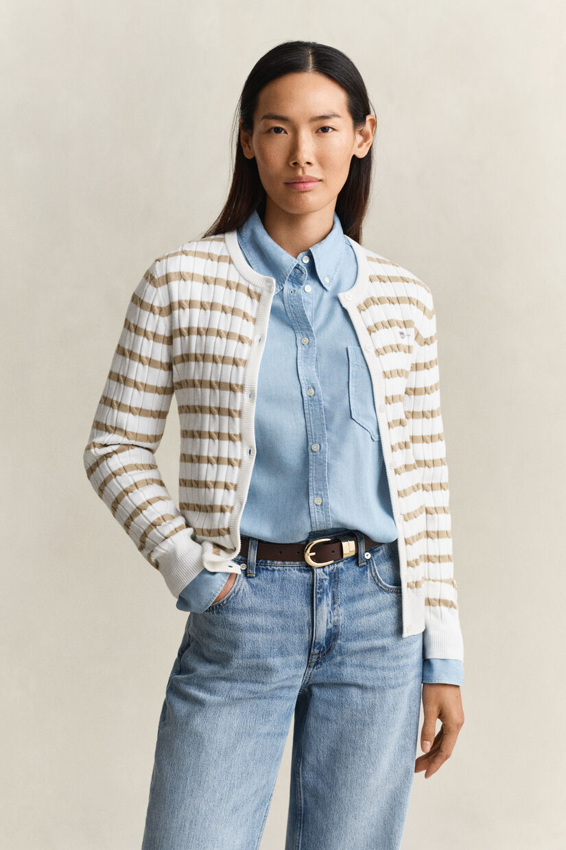 Cardigan en maille torsad&eacute;e &agrave; rayures