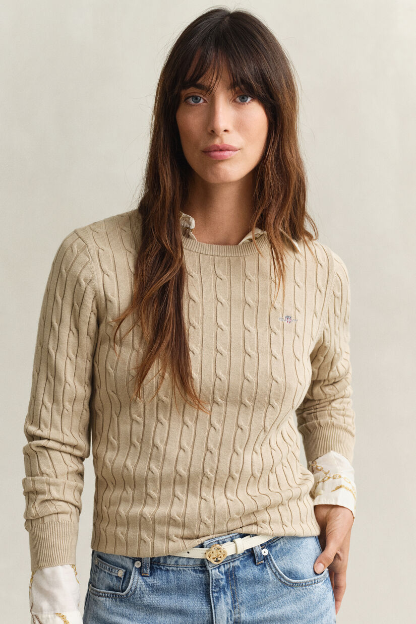 Pull col rond en maille de coton stretch &agrave; torsades