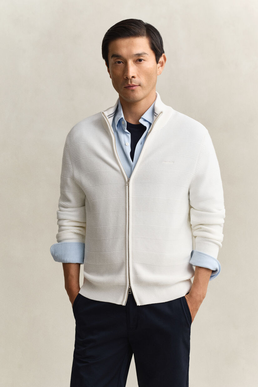 Cardigan zipp&eacute; en coton textur&eacute;
