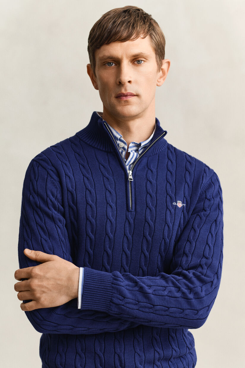 Pull &agrave; demi-zip en maille de coton torsad&eacute;e
