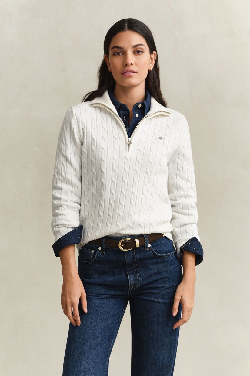 Pull &agrave; demi-zip en maille de coton torsad&eacute;e stretch