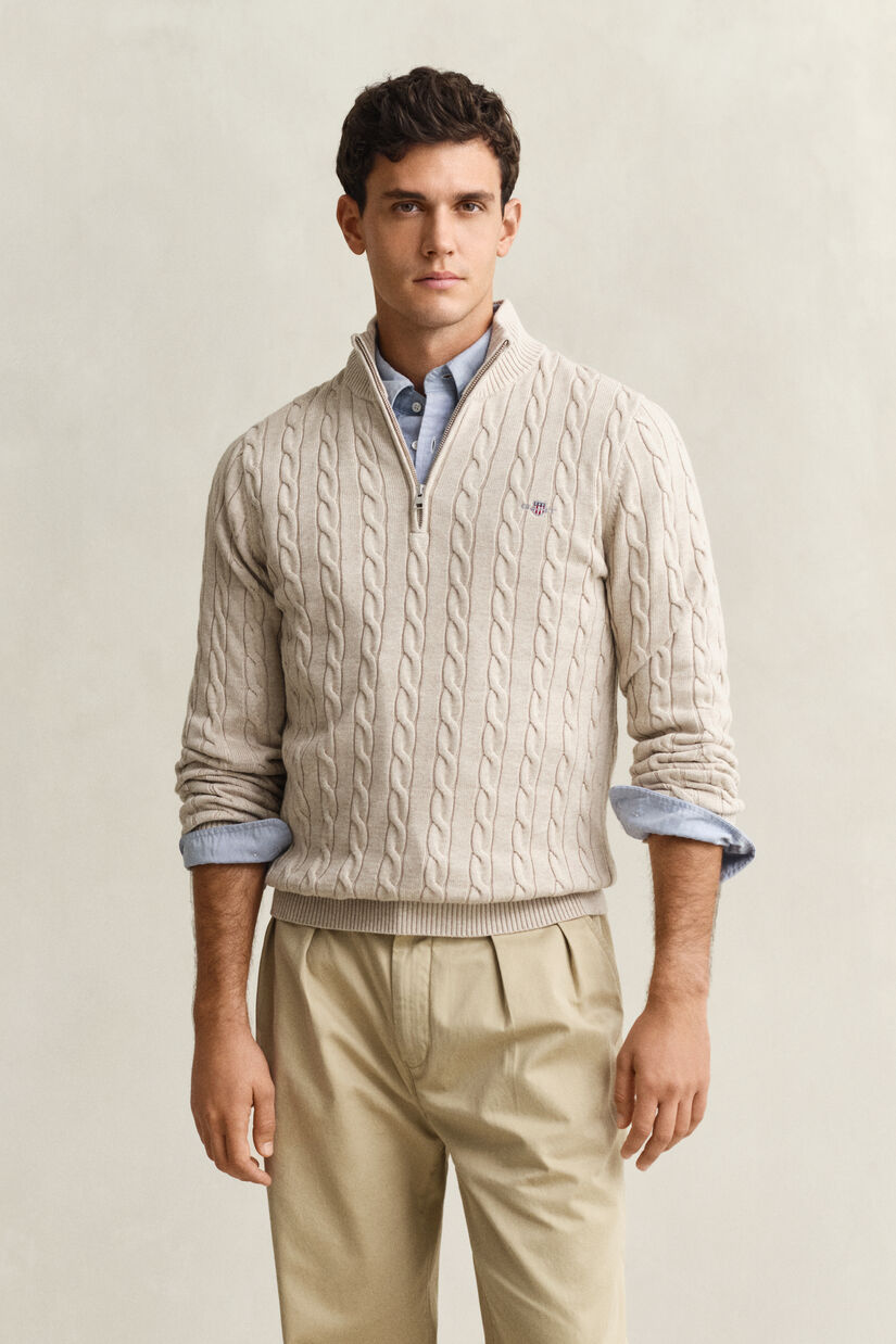 Pull &agrave; demi-zip en maille de coton torsad&eacute;e