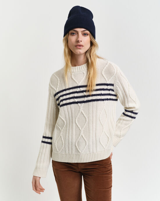 Pull en maille torsad&eacute;e &agrave; rayures contrastantes