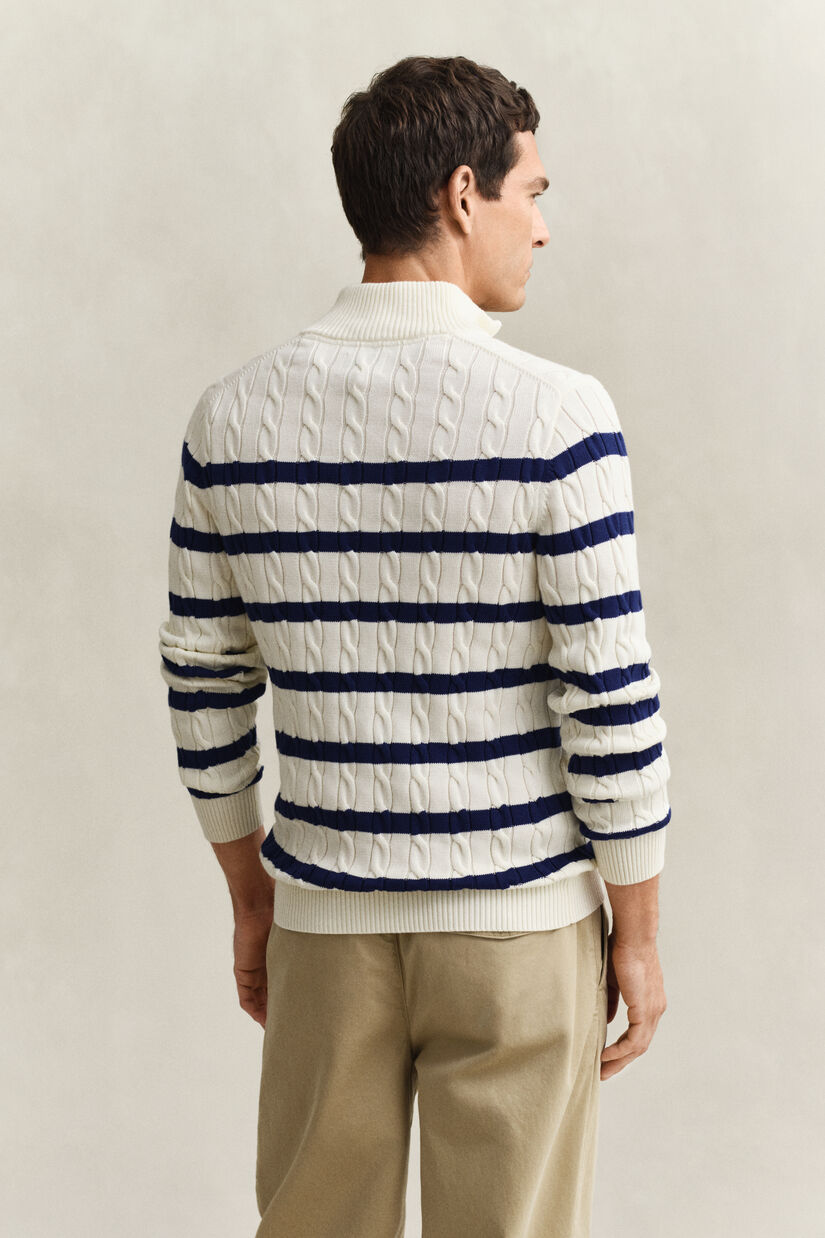Pull &agrave; demi-zip en maille de coton torsad&eacute;e &agrave; rayures