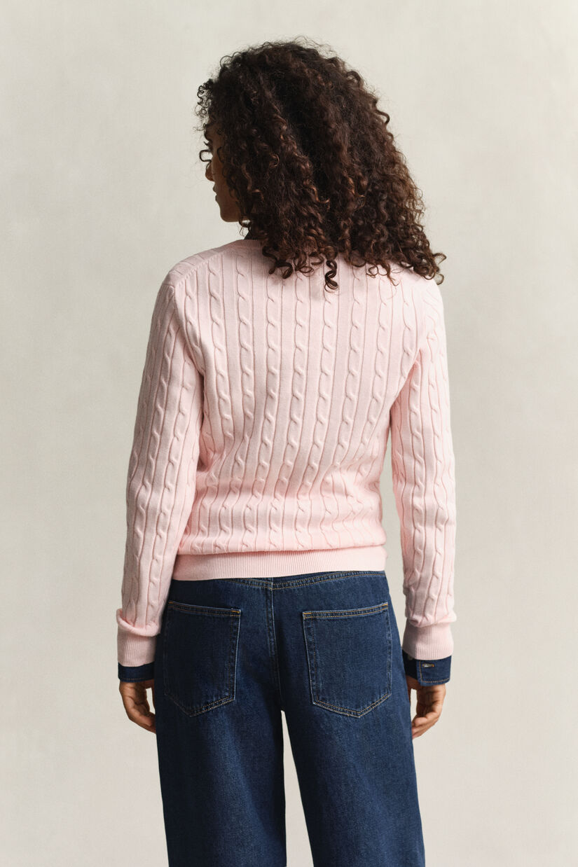 Pull col V en maille de coton stretch &agrave; torsades