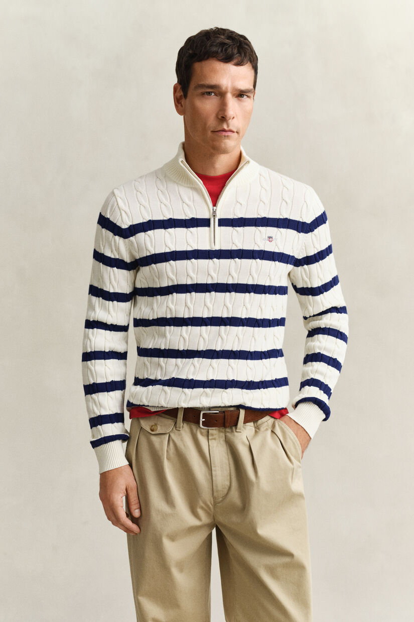 Pull &agrave; demi-zip en maille de coton torsad&eacute;e &agrave; rayures
