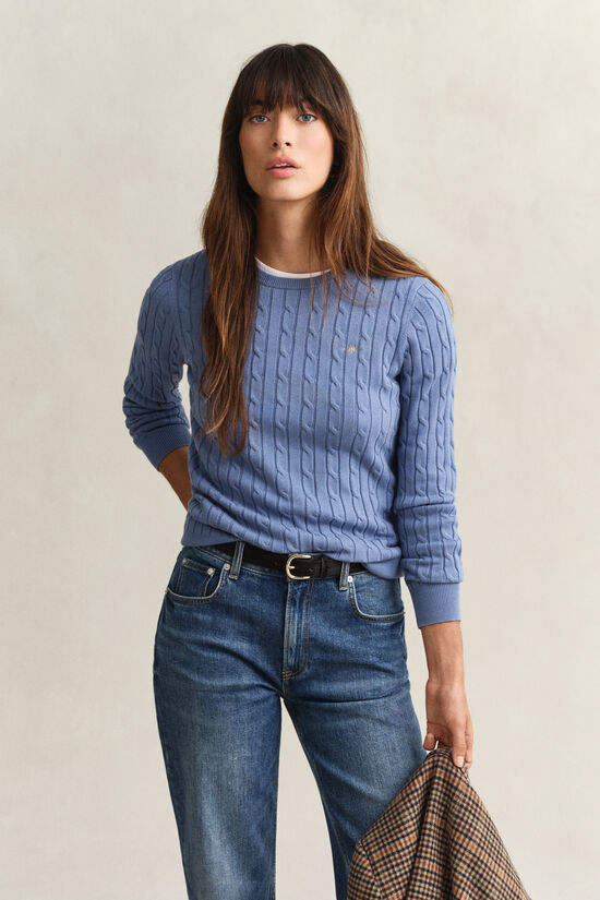 Pull col rond en maille de coton stretch &agrave; torsades