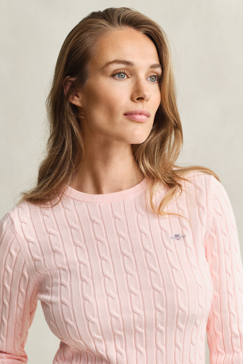 Pull col rond en maille de coton stretch &agrave; torsades