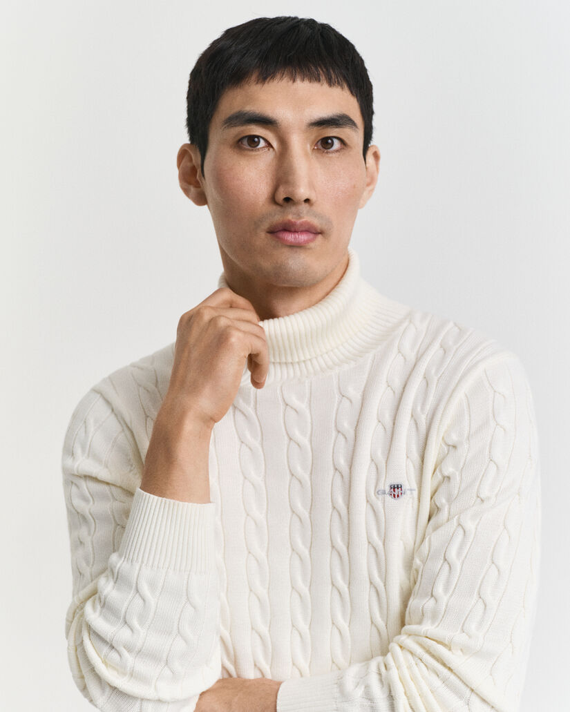 Pull col roul&eacute; en maille torsad&eacute;e de coton