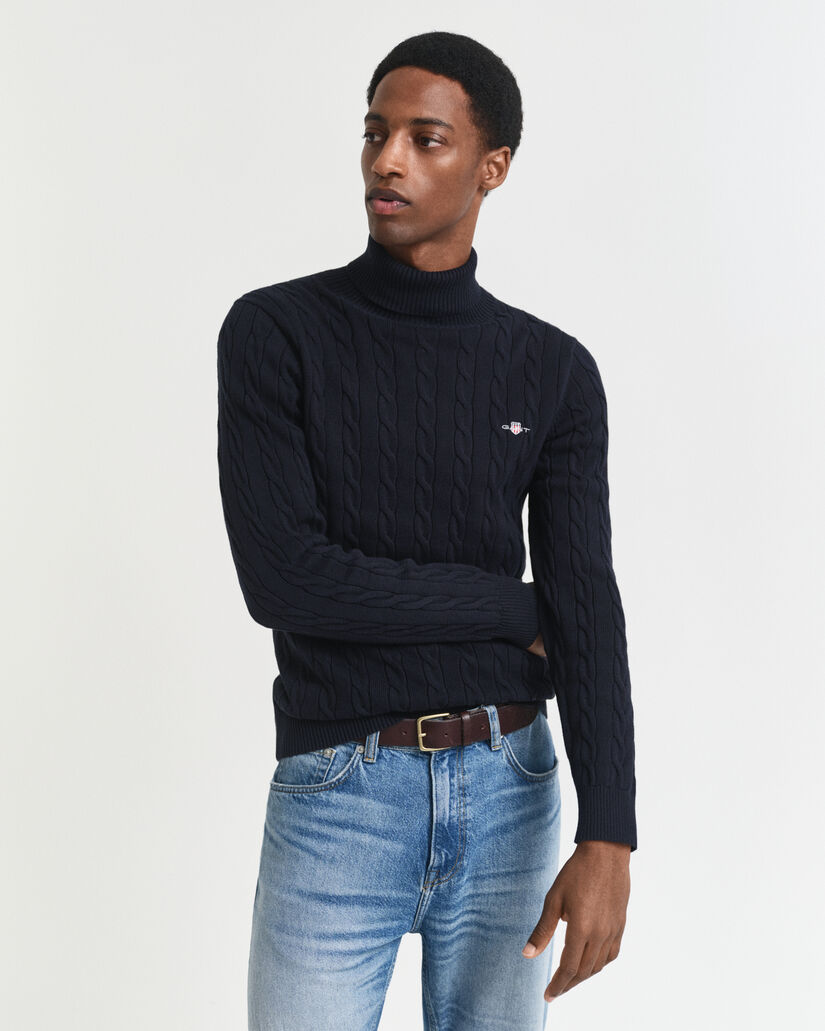 Pull col roul&eacute; en maille torsad&eacute;e de coton
