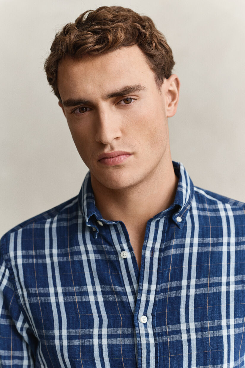 Chemise en coton et lin &agrave; carreaux