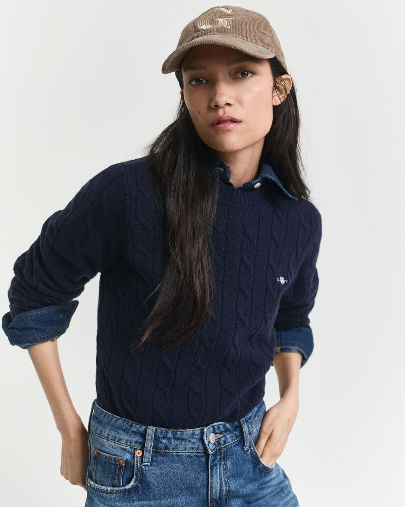 Pull ras du cou en maille torsad&eacute;e en laine d'agneau