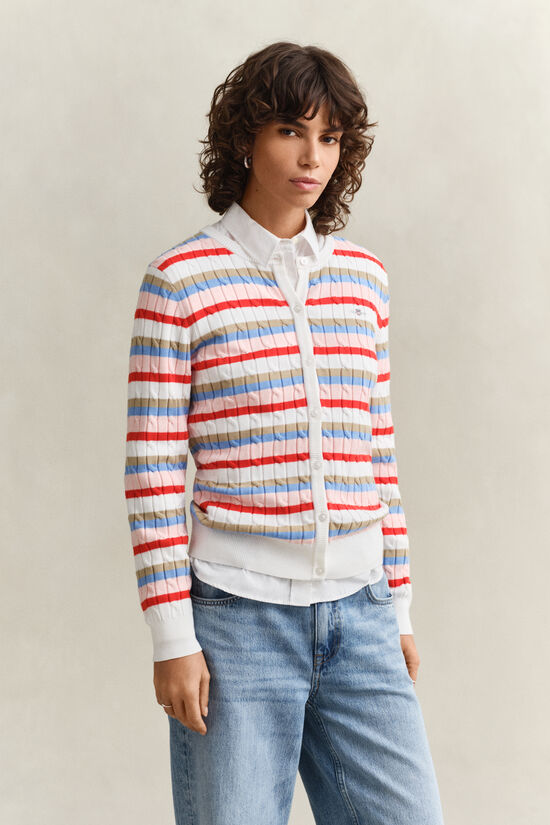 Cardigan en maille torsad&eacute;e &agrave; rayures