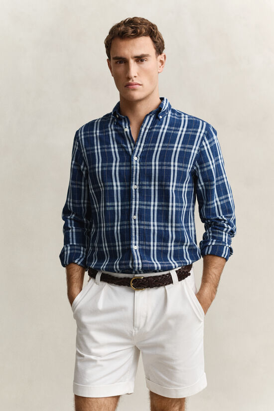 Chemise en coton et lin &agrave; carreaux