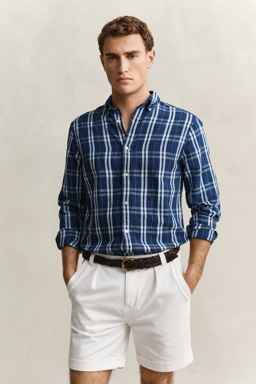 Chemise en coton et lin &agrave; carreaux