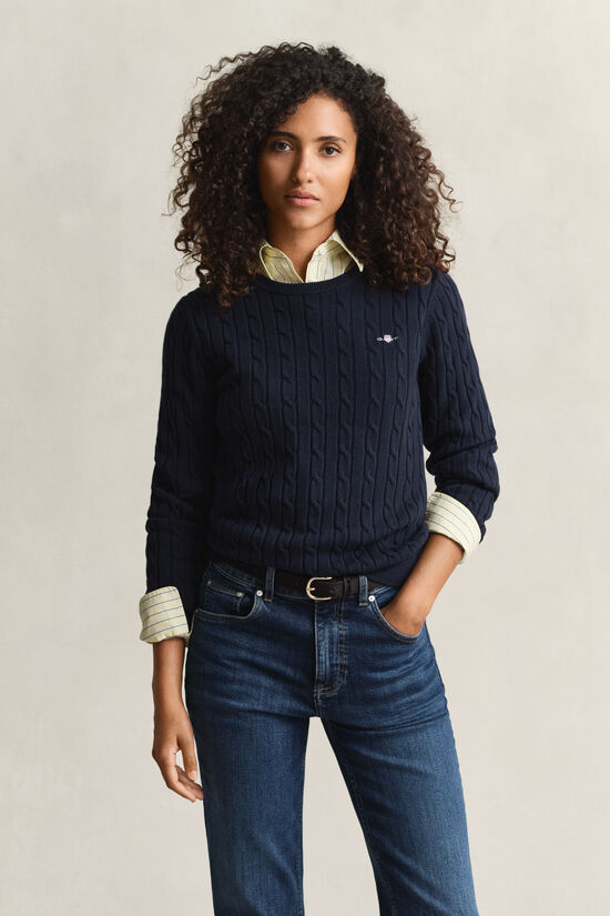 Pull col rond en maille de coton stretch &agrave; torsades