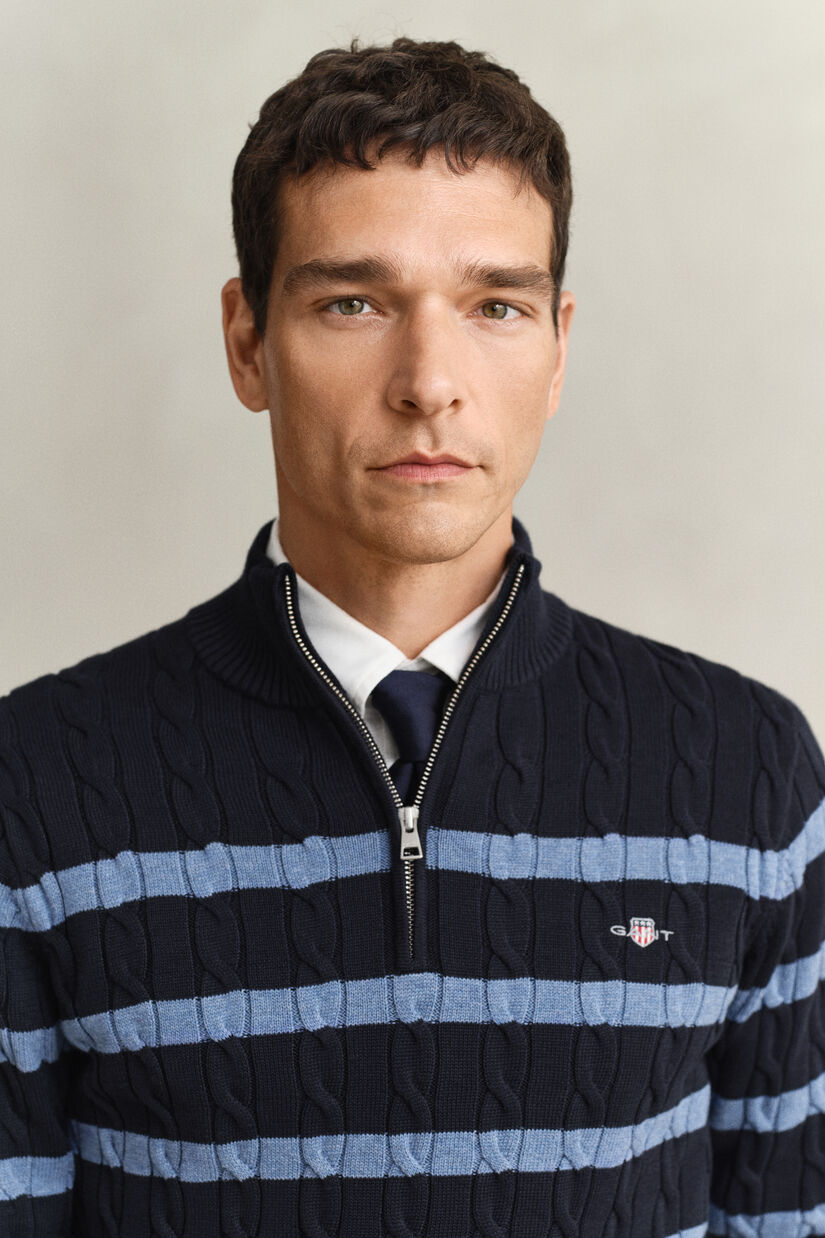 Pull &agrave; demi-zip en maille de coton torsad&eacute;e &agrave; rayures