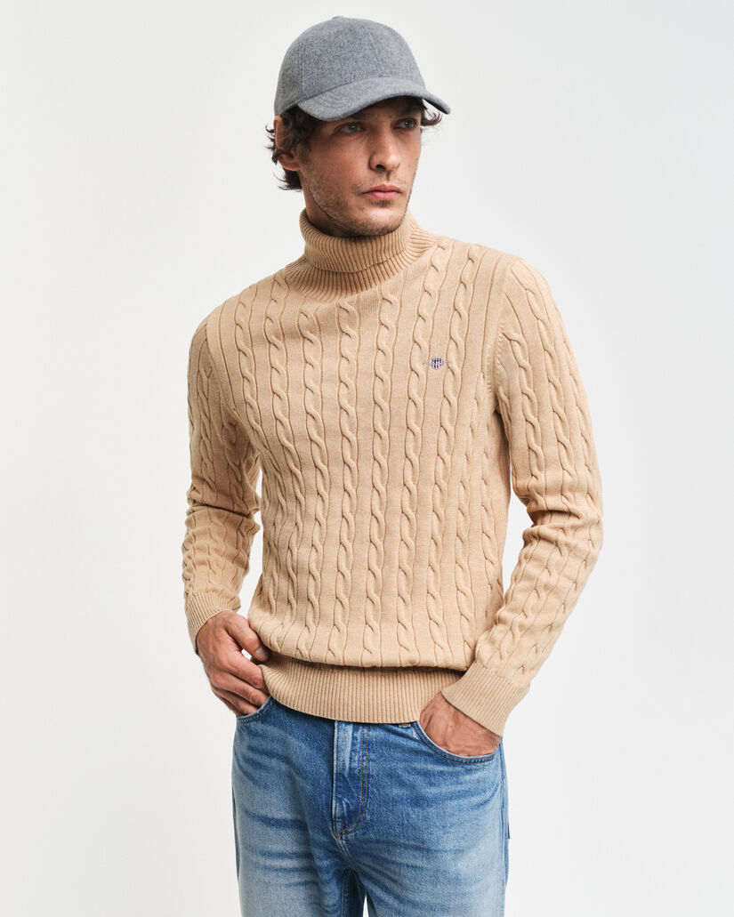 Pull col roul&eacute; en maille torsad&eacute;e de coton