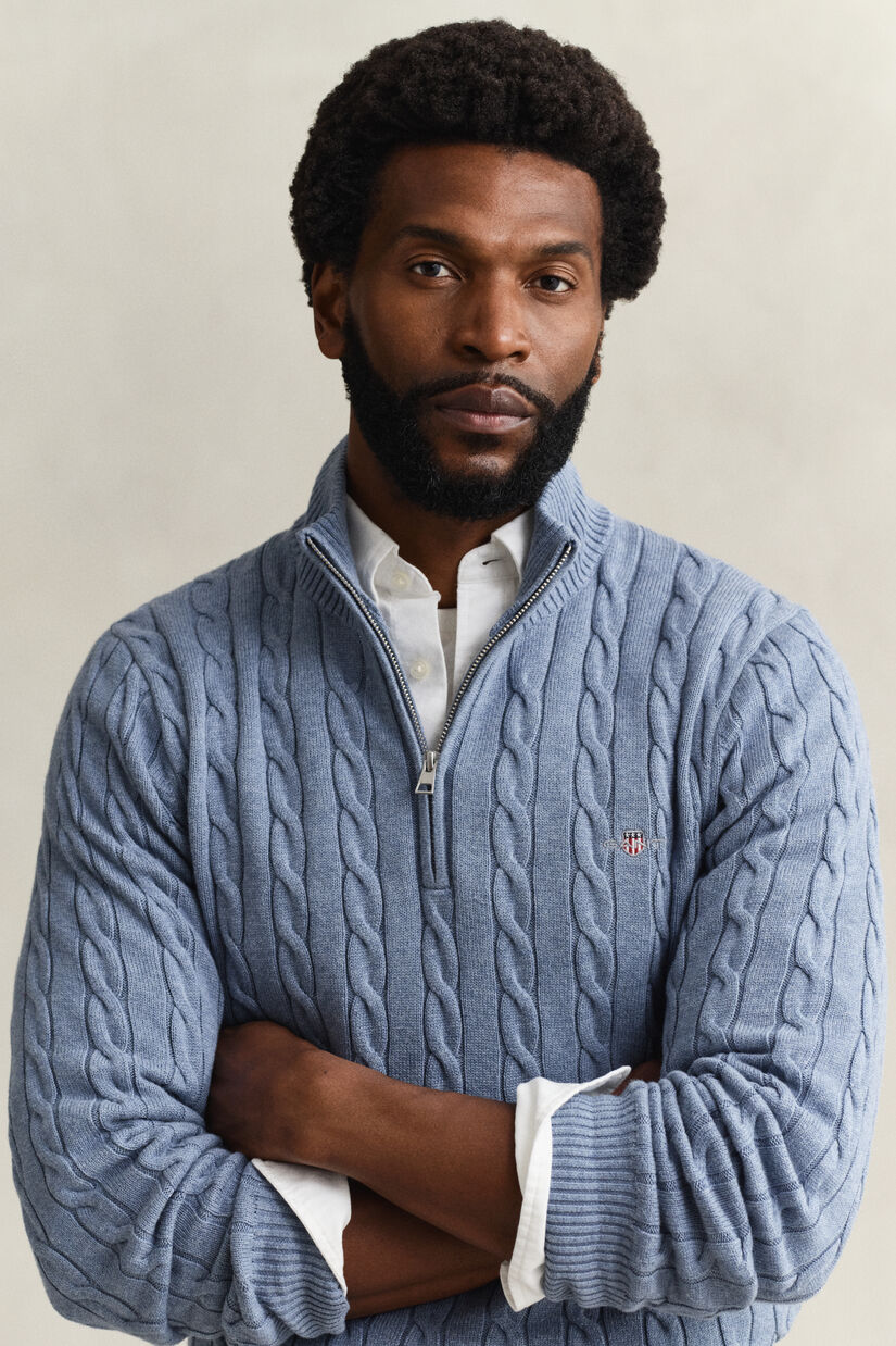 Pull &agrave; demi-zip en maille de coton torsad&eacute;e