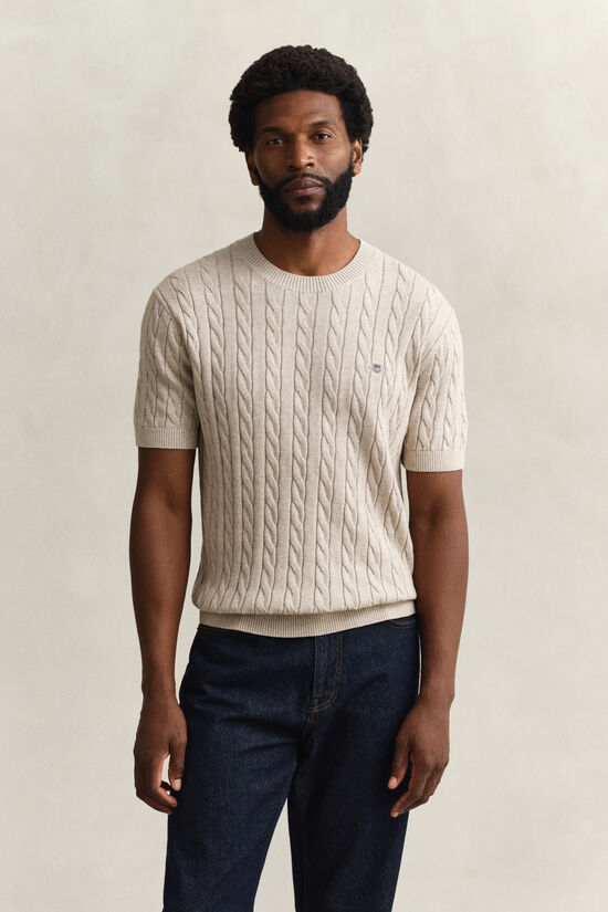 Pull en coton &agrave; manches courtes et maille torsad&eacute;e