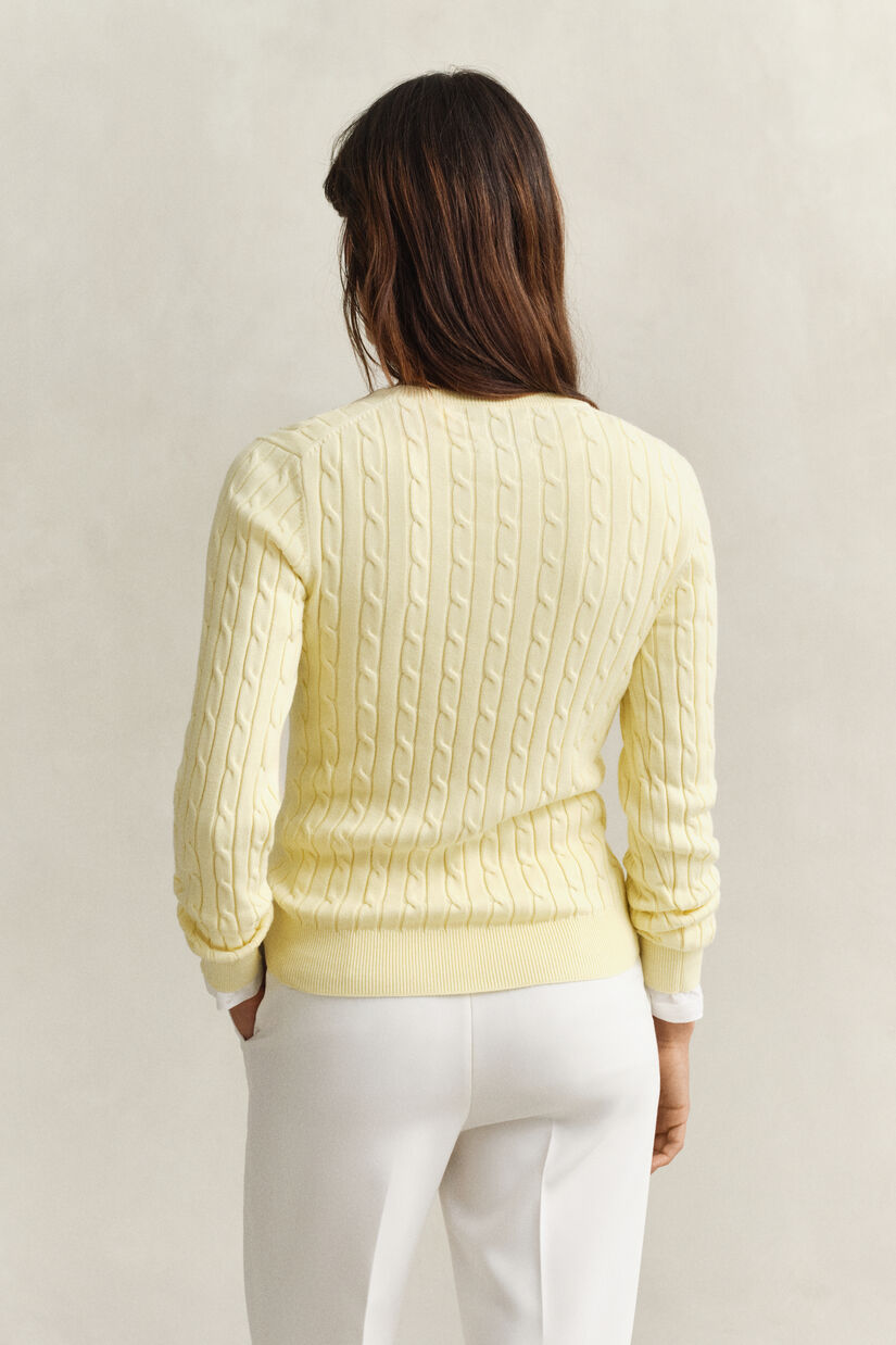 Pull col rond en maille de coton stretch &agrave; torsades