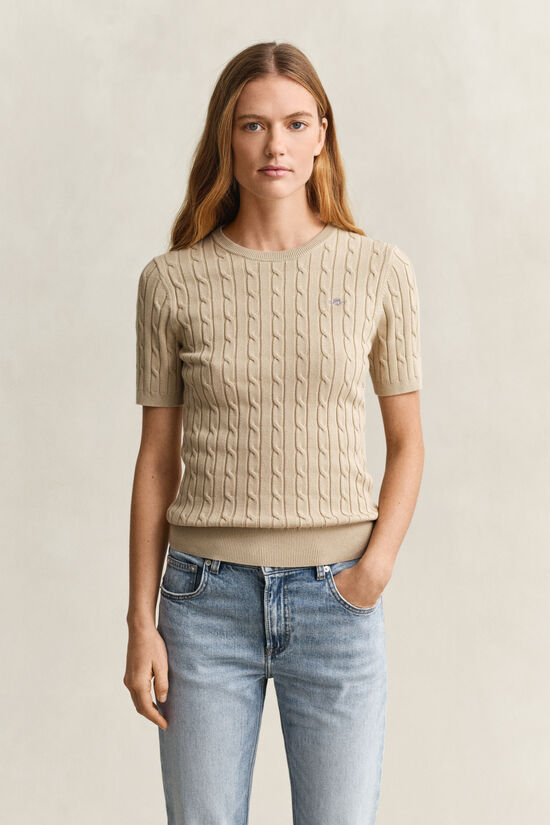 Pull &agrave; manches courtes en maille de coton stretch &agrave; torsades