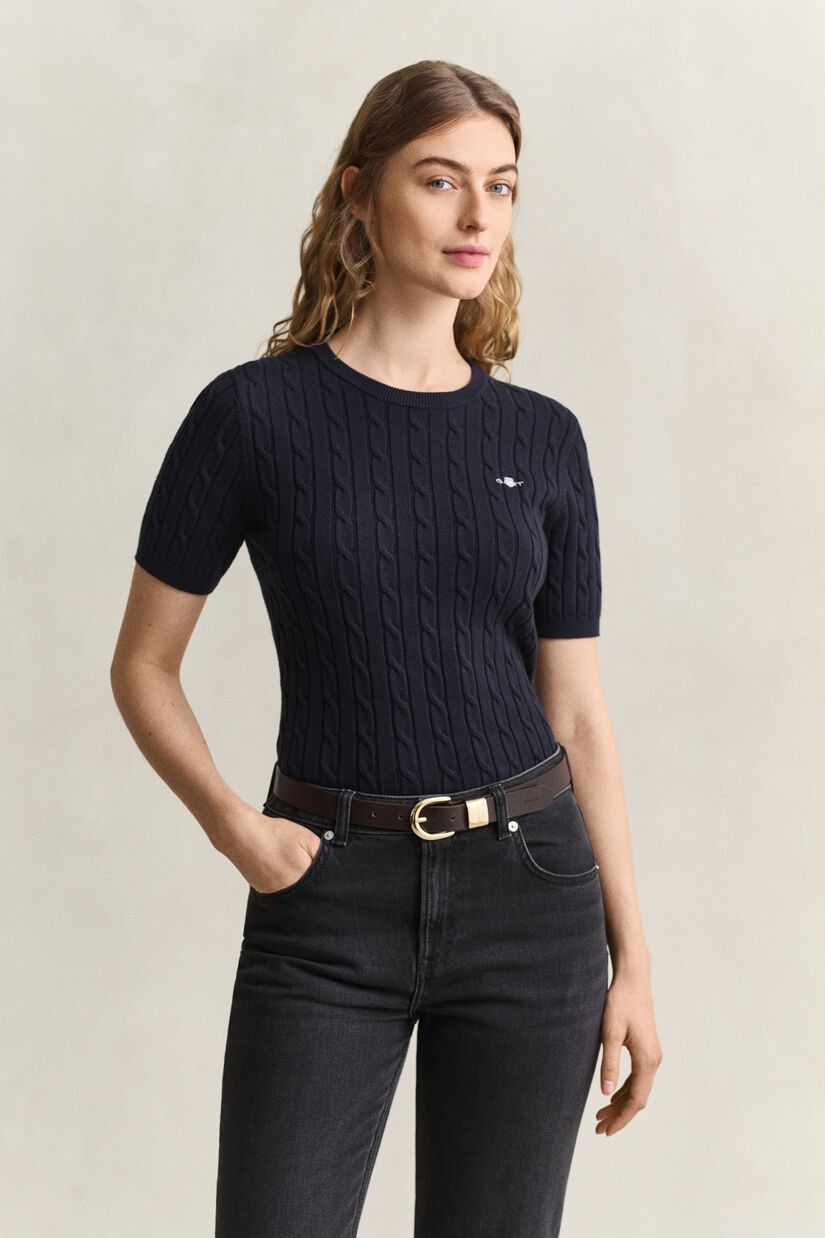 Pull &agrave; manches courtes en maille de coton stretch &agrave; torsades