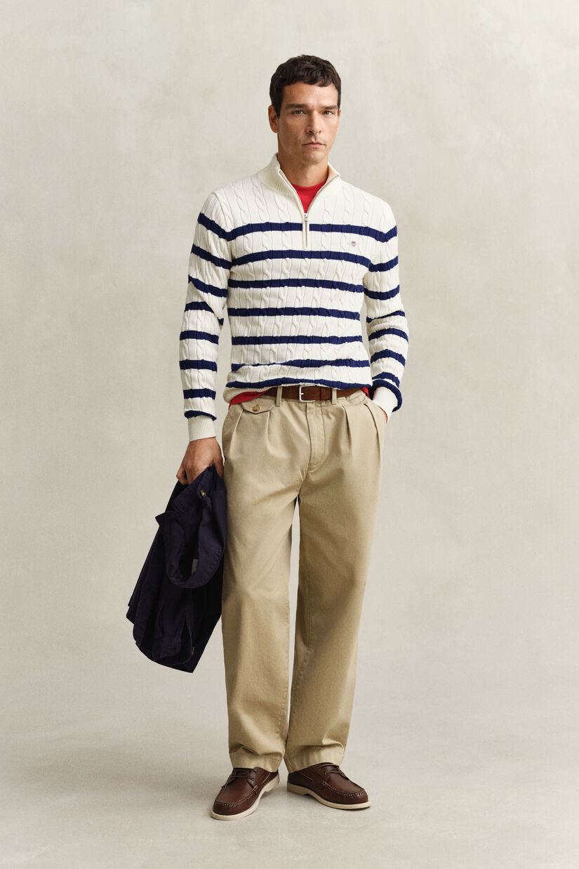 Pull &agrave; demi-zip en maille de coton torsad&eacute;e &agrave; rayures
