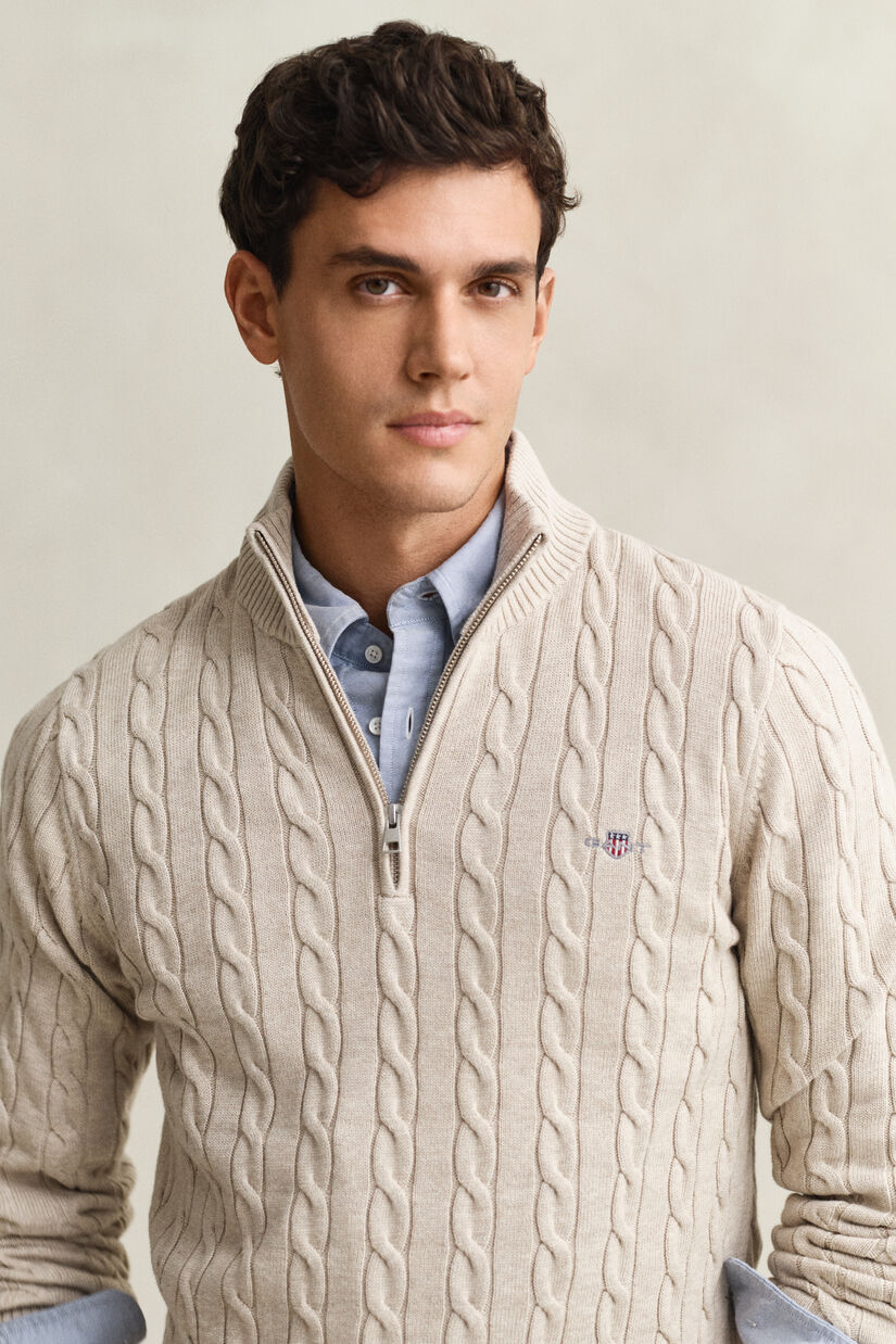 Pull &agrave; demi-zip en maille de coton torsad&eacute;e