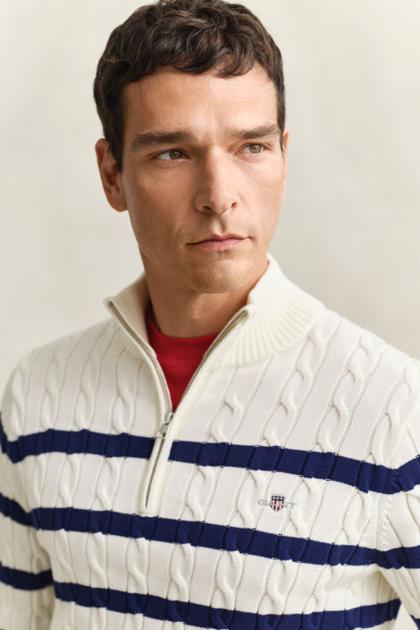 Pull &agrave; demi-zip en maille de coton torsad&eacute;e &agrave; rayures