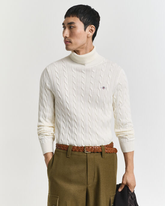 Pull col roul&eacute; en maille torsad&eacute;e de coton