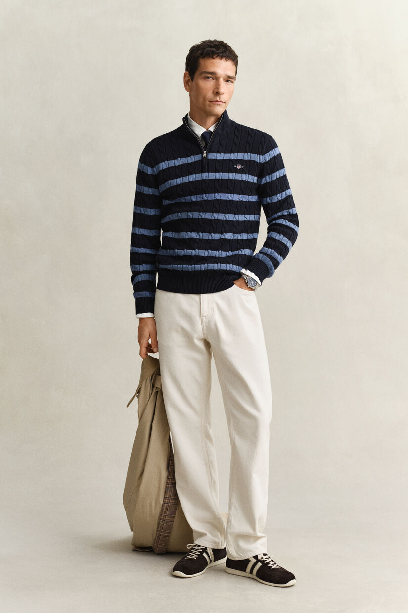 Pull &agrave; demi-zip en maille de coton torsad&eacute;e &agrave; rayures
