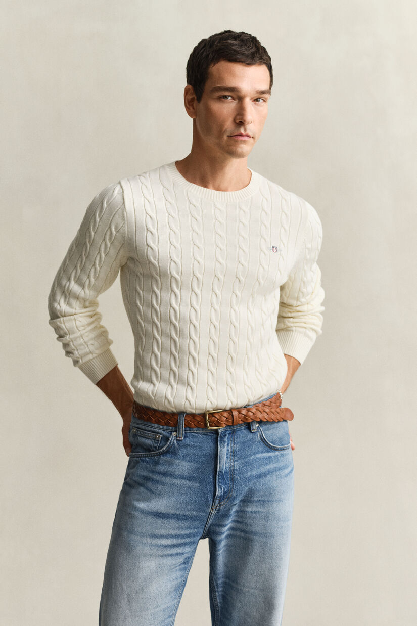 Pull col rond en maille de coton torsad&eacute;e