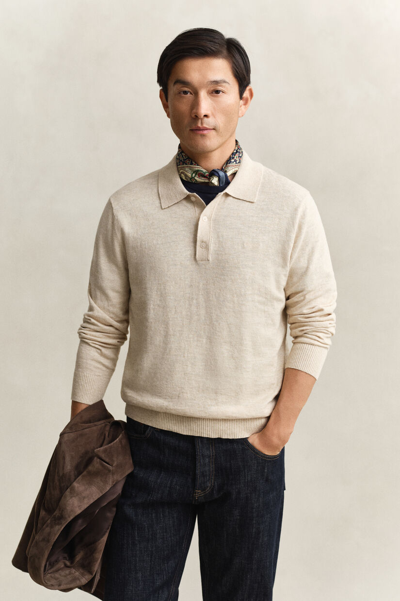 Pull fa&ccedil;on polo en coton m&eacute;lang&eacute; flamm&eacute;