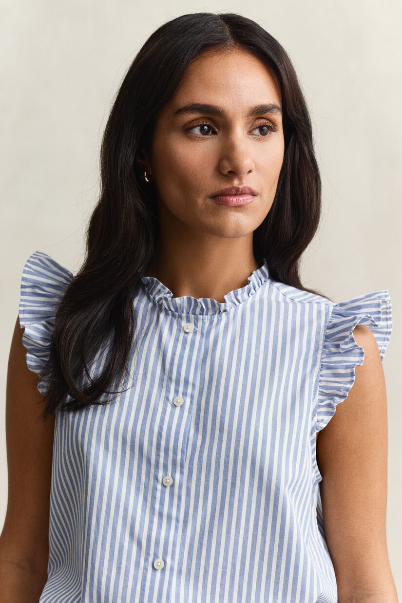 Blouse en coton &agrave; fronces et &agrave; rayures